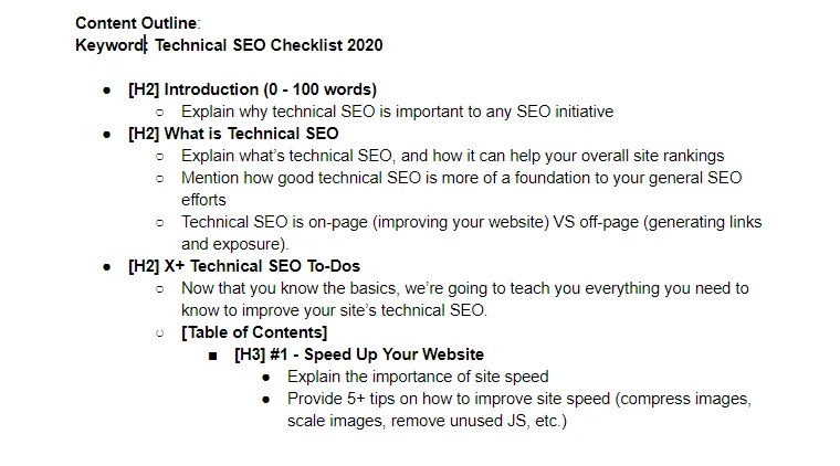 example showing an seo optimized content outline